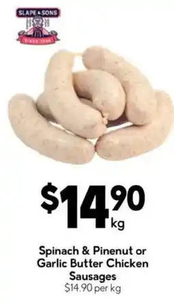 Drakes Slaape & Sons Spinach & Pinenut or Garlic Butter Chicken Sausages offer
