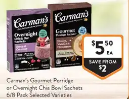 Foodworks Carman's Gourmet Porridge or Overnight Chia Bowl Sachets offer