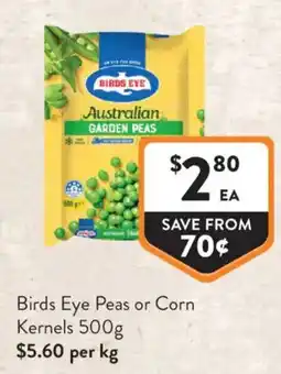 Foodworks Birds Eye Peas or Corn Kernels offer