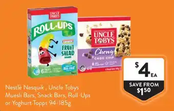 Foodworks Nestlé Nesquik, Uncle Tobys Muesli Bars, Snack Bars, Roll-Ups or Yoghurt Topps offer