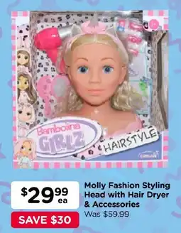 Toyworld Bamboina Girlz Molly Fashion Styling Head with Hair Dryer & Accessories offer
