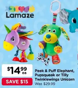 Toyworld Lamaze Peek & Puff Elephant, Pupsqueak or Tilly Twinklewings Unicorn offer