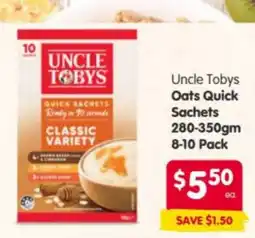 Spar Uncle Tobys Oats Quick Sachets Classic Variety offer