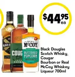 Drakes Black Douglas Scotch Whisky, Cougar Bourbon or Real McCoy Whiskey Liqueur offer