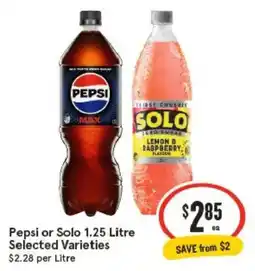 IGA Pepsi or Solo 1.25 Litre Selected Varieties offer
