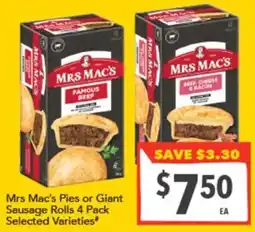 Supa Valu Mrs Mac's Pies or Giant Sausage Rolls offer