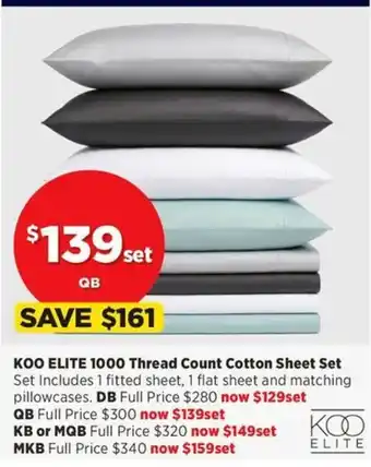 Spotlight Koo Elite 1000 Thread Count Cotton Sheet Set offer