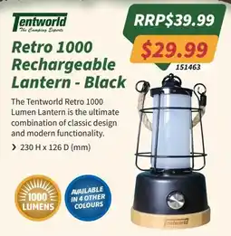 Tentworld Tentworld Retro 1000 Rechargeable Lantern - Black offer