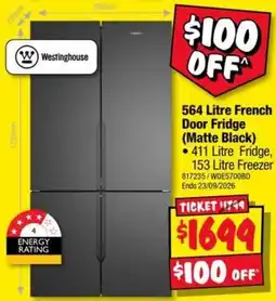 JB Hi-Fi Westinghouse 564 Litre French Door Fridge (Matte Black) offer
