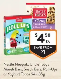 Foodworks Nestlé Nesquik, Uncle Tobys Muesli Bars, Snack Bars, Roll-Ups or Yoghurt Topps offer