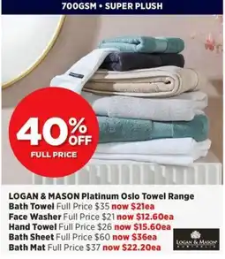 Spotlight Logan & Mason Platinum Oslo Towel Range offer