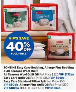 Spotlight Tontine Easy Care Bedding, Allergy Plus Bedding & All Seasons Wool Quilt offer