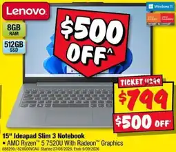 JB Hi-Fi Lenovo 15" Ideapad Slim 3 Notebook offer