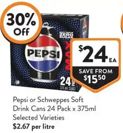 Foodworks Pepsi or Schweppes Soft Drink Cans Selected Varieties offer