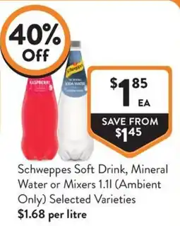 Foodworks Schweppes Soft Drink, Mineral Water or Mixers offer