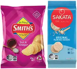 IGA Smith’s Crinkle Cut Chips 45g or Sakata Rice Crackers 80-90g Selected Varieties offer