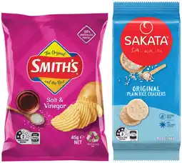 IGA Smith’s Crinkle Cut Chips 45g, Sakata Rice Crackers 80‑90g or Doritos 45g Selected Varieties offer