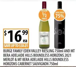 Supabarn Burge Family Eden Valley Riesling and Mt Bera Adelaide Hills Boundless Horizons Merlot & Cabernet Sauvignon offer
