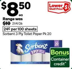 Woolworths Sorbent 3 Ply Toilet Paper offer