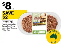 Woolworths macro Australian Grass Fed Extra Lean Beef Burgers offer