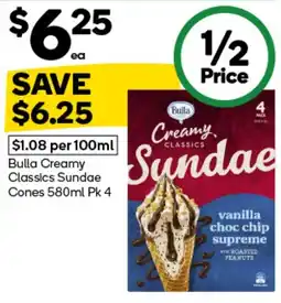 Woolworths Bulla Creamy Classics Sundae Cones offer