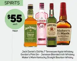 Foodland Jack Daniel's Old No.7 Tennessee Apple Whiskey Gordon's Pink Gin - Jameson Blended Irish Whiskey Maker's Mark Kentucky offer