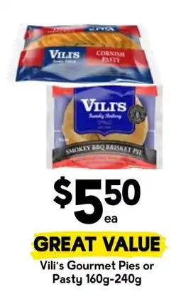 Drakes Vili's Gourmet Pies or Pasty offer