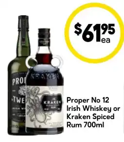 Drakes Proper No 12 Irish Whiskey or Kraken Spiced Rum offer