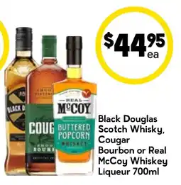 Drakes Black Douglas Scotch Whisky, Cougar Bourbon or Real McCoy Whiskey Liqueur offer