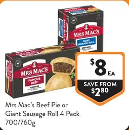 Foodworks Mrs Mac's Beef Pie or Giant Sausage Roll offer
