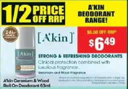 Chemist Warehouse A'kin Geranium & Wood Roll On Deodorant offer