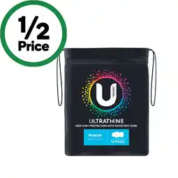 Woolworths U by Kotex Ultrathins or Maxi Pads Pk 6-14 offer