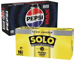 Coles Pepsi or Solo Zero Sugar Soft Drink 18x375mL offer