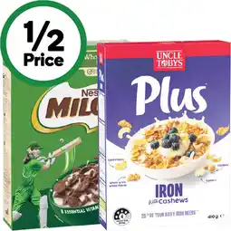 Woolworths Uncle Tobys Plus 410-435g or Nestlé Milo Cereal 330-350g offer