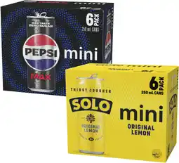 Coles Pepsi Max, Solo or Schweppes Lemonade Soft Drink 6x250mL offer