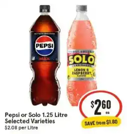 IGA Pepsi or Solo 1.25 Litre Selected Varieties offer