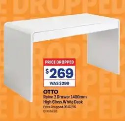 Officeworks Otto Reine 2 Drawer 1400mm High Gloss White Desk offer