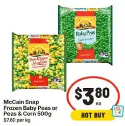 IGA McCain Snap Frozen Baby Peas or Peas & Corn offer