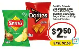 IGA Smith's Crinkle Cut, Doritos Corn Chips or Twisties Cinnamon Sugar Churros offer