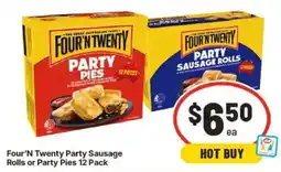 IGA Four'n Twenty Party Sausage Rolls or Party Pies 12 Pack offer