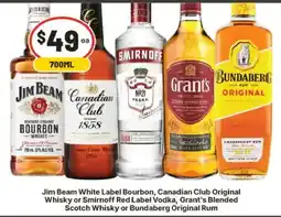 IGA Jim Beam White Label Bourbon, Canadian Club Original Whisky or Smirnoff Red Label Vodka, Grant's Blended Scotch Whisky offer