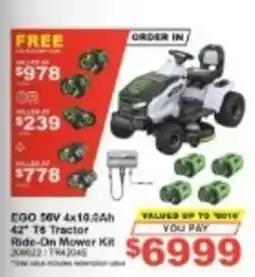 Total Tools Ego 56V 4x10.0Ah 42" T6 Tractor Ride-On Mower Kit offer