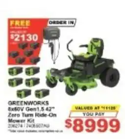 Total Tools Greenworks 6x60V Gen1.5 42" Zero Turn Ride-On Mower Kit offer