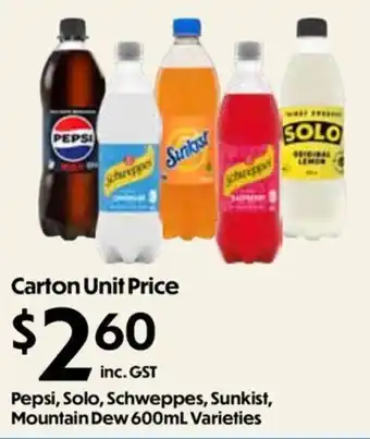 Pepsi, Solo, Schweppes, Sunkist, Mountain Dew 600mL Varieties