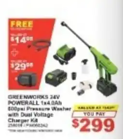 Total Tools Greenworks 24V Powerall 1x4.0Ah 800psi Pressure Washer with Dual Voltage Charger Kit offer