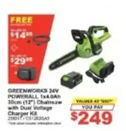 Total Tools Greenworks 24V Powerall 1x4.8Ah 30cm (12") Chainsaw with Dual Voltage Charger Kit offer