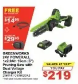 Total Tools Greenworks 24V Powerall 1x2.0Ah 15cm (6") Pruning Saw with Dual Voltage Charger Kit offer