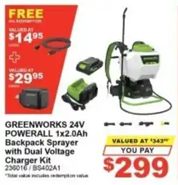 Total Tools Greenworks 24V Powerall 1x2.0Ah Backpack Sprayer with Dual Voltage Charger Kit offer