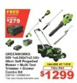 Total Tools Greenworks 60V 1x4.0Ah 1x2.0Ah 46cm Self Propelled Mower + Multi-Tool Trimmer + Blower Combo Kit offer