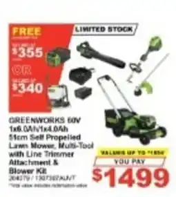 Total Tools Greenworks 60V 1x6.0Ah/1x4.0Ah 51cm Self Propelled Lawn Mower, Multi-Tool with Line Trimmer Attachment & Blower Kit offer